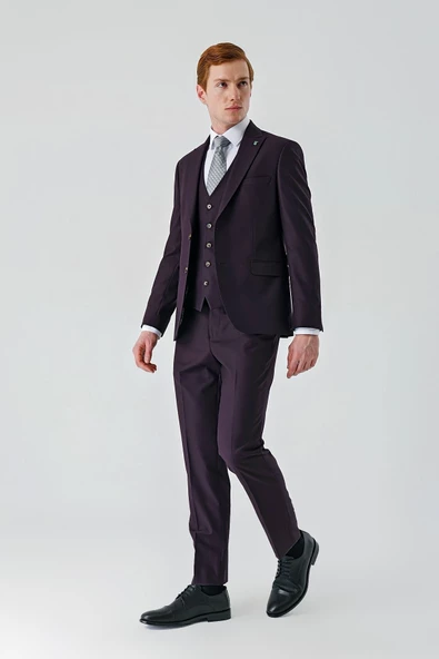 Mürdüm Gabardin Kırlangıç Yaka Yelekli 6 Drop Slim Fit Klasik Takım Elbise 1001240187 - 8