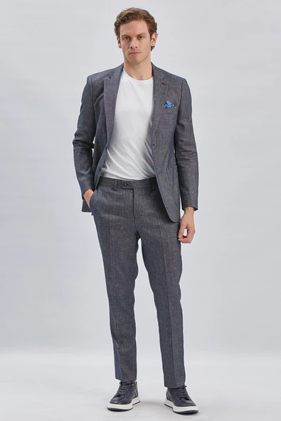 Koyu Lacivert Armürlü Mono Yaka Keten Karışımlı 6 Drop Slim Fit Casual Takım Elbise 1001240169 - 7