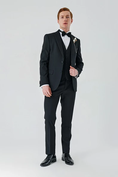 Siyah Çıkarılabilir Mono Yaka Yelekli Likralı 6 Drop Slim Fit Smokin Damatlık 1001240201 - 7