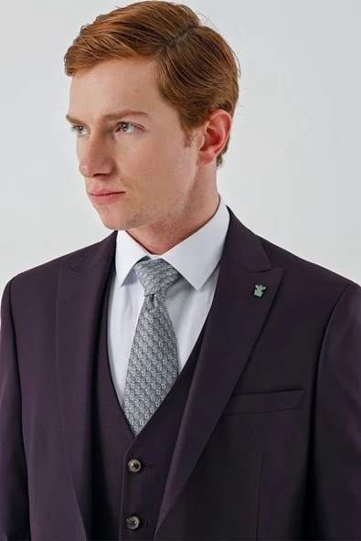 Mürdüm Gabardin Kırlangıç Yaka Yelekli 6 Drop Slim Fit Klasik Takım Elbise 1001240187 - 10