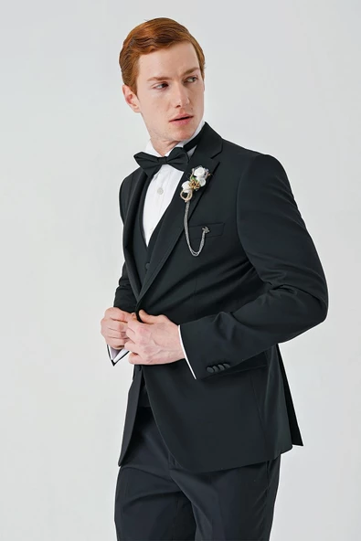 Siyah Çıkarılabilir Mono Yaka Yelekli Likralı 6 Drop Slim Fit Smokin Damatlık 1001240201 - 2