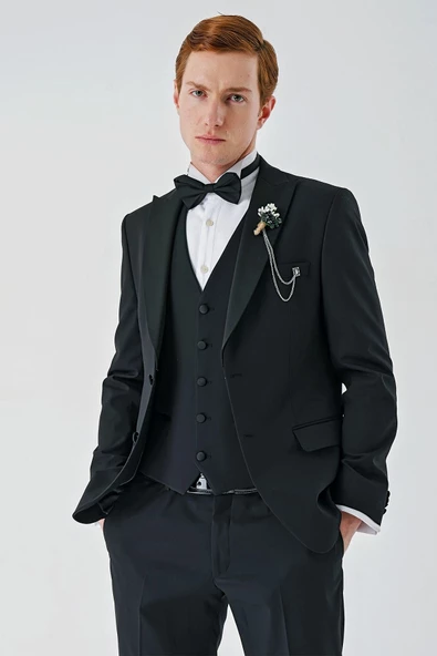 Siyah Çıkarılabilir Kırlangıç Yaka Yelekli Likralı 6 Drop Slim Fit Smokin Damatlık 1001240200 - 12