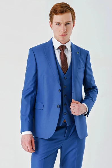Saks Gabardin Kırlangıç Yaka Yelekli 6 Drop Slim Fit Klasik Takım Elbise 1001240187 - 7