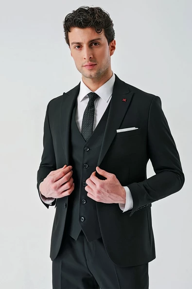 Siyah Kırlangıç Yaka Yelekli Likralı 6 Drop Slim Fit Klasik Takım Elbise 1001240168 - Resim 6