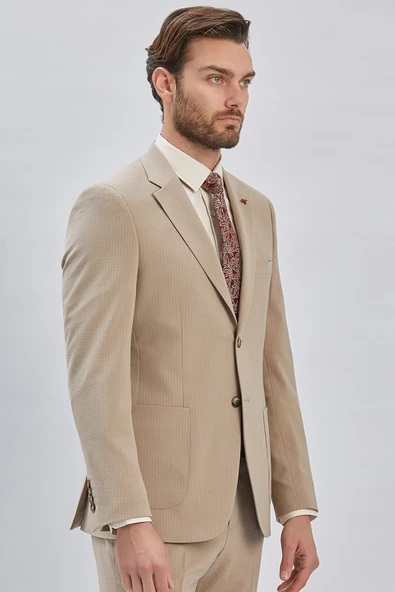 Koyu Bej Çizgili Mono Yaka Astarlı Likralı 6 Drop Slim Fit Dar Kesim Casual Takım Elbise 1001240171 - 3