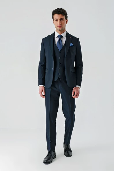 Koyu Lacivert Kırlangıç Yaka Yelekli Likralı 6 Drop Slim Fit Klasik Takım Elbise 1001240168 - 2
