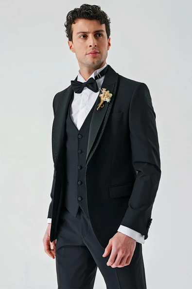 Siyah Çıkarılabilir Şal Yaka Yelekli Likralı 6 Drop Slim Fit Smokin Damatlık 1001240203 - 6