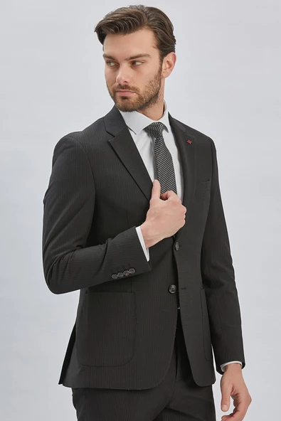 Siyah Çizgili Mono Yaka Astarlı Likralı 6 Drop Slim Fit Dar Kesim Casual Takım Elbise 1001240171 - 5