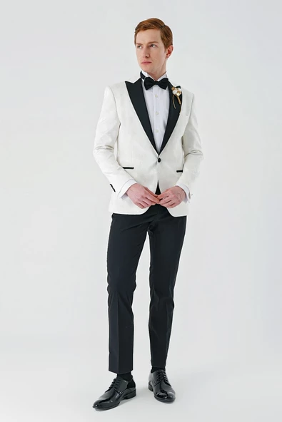 Açık Krem Çıkarılabilir Kırlangıç Yaka Likralı 6 Drop Slim Fit Smokin Damatlık 1001240204 - Resim 8