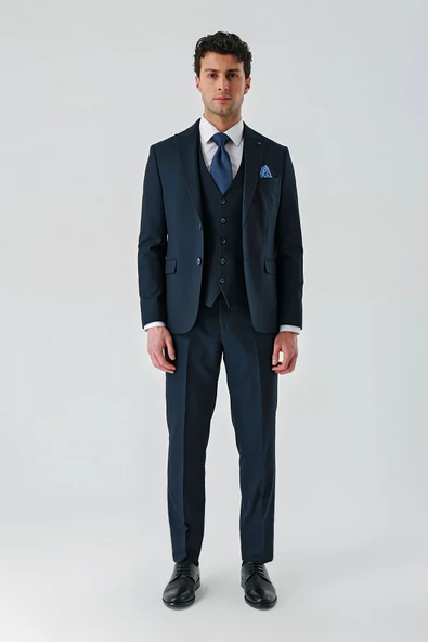 Koyu Lacivert Kırlangıç Yaka Yelekli Likralı 6 Drop Slim Fit Klasik Takım Elbise 1001240168 - 12