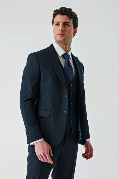 Koyu Lacivert Kırlangıç Yaka Yelekli Likralı 6 Drop Slim Fit Klasik Takım Elbise 1001240168 - 11