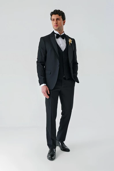 Siyah Çıkarılabilir Şal Yaka Yelekli Likralı 6 Drop Slim Fit Smokin Damatlık 1001240203 - 11