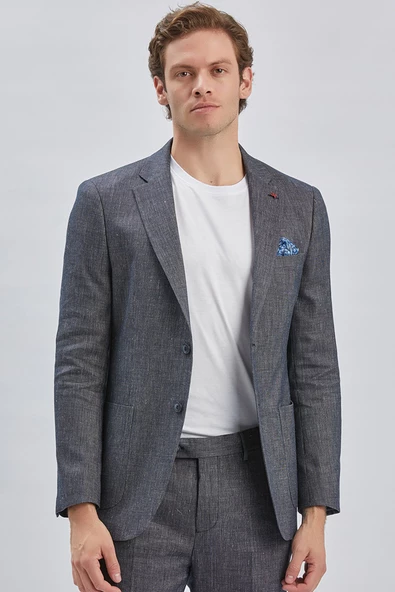 Koyu Lacivert Armürlü Mono Yaka Keten Karışımlı 6 Drop Slim Fit Casual Takım Elbise 1001240169 - 6