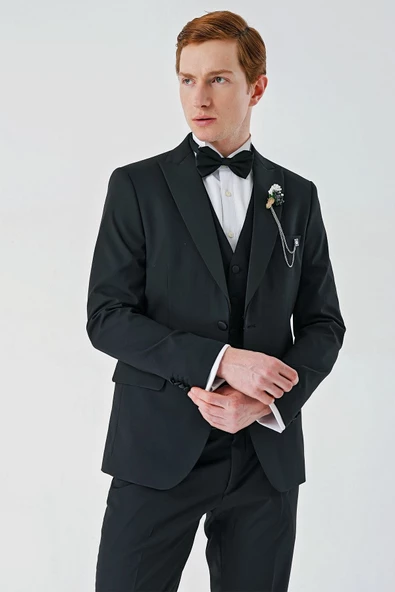 Siyah Çıkarılabilir Kırlangıç Yaka Yelekli Likralı 6 Drop Slim Fit Smokin Damatlık 1001240200 - 4
