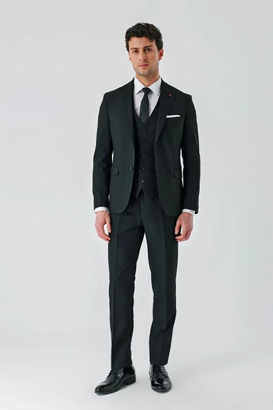 Siyah Kırlangıç Yaka Yelekli Likralı 6 Drop Slim Fit Klasik Takım Elbise 1001240168 - Resim 5
