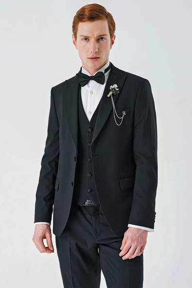 Siyah Çıkarılabilir Kırlangıç Yaka Yelekli Likralı 6 Drop Slim Fit Smokin Damatlık 1001240200 - 3