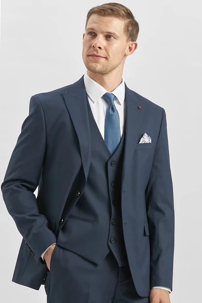 Lacivert Kırlangıç Yaka Astarlı Yelekli 6 Drop Slim Fit Dar Kesim Klasik Takım Elbise 1001240179 - 4