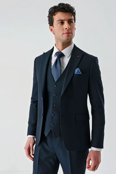 Koyu Lacivert Kırlangıç Yaka Yelekli Likralı 6 Drop Slim Fit Klasik Takım Elbise 1001240168 - 10