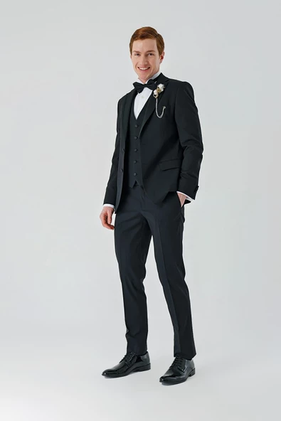 Siyah Çıkarılabilir Mono Yaka Yelekli Likralı 6 Drop Slim Fit Smokin Damatlık 1001240201 - 5
