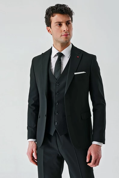 Siyah Kırlangıç Yaka Yelekli Likralı 6 Drop Slim Fit Klasik Takım Elbise 1001240168 - Resim 9