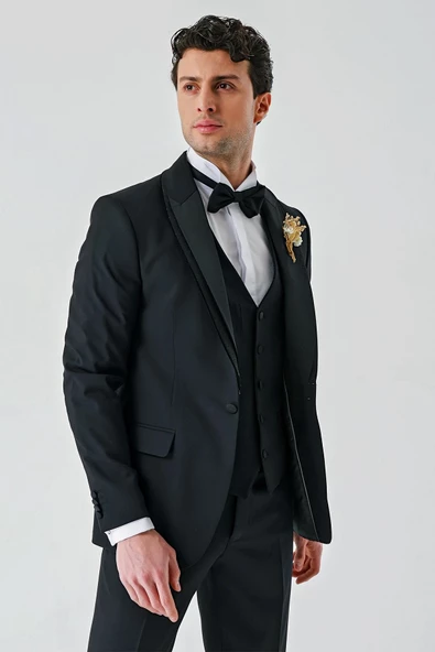 Siyah Çıkarılabilir Şal Yaka Yelekli Likralı 6 Drop Slim Fit Smokin Damatlık 1001240203 - 4