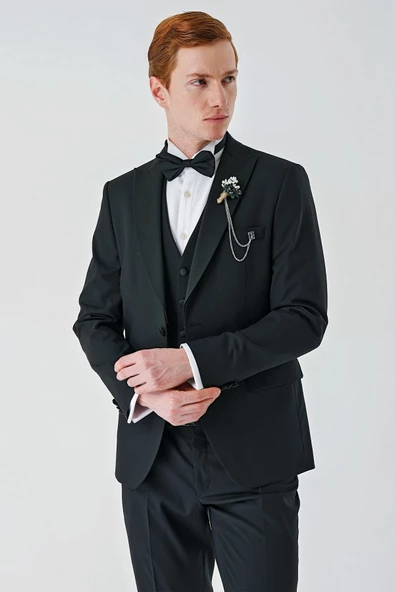 Siyah Çıkarılabilir Kırlangıç Yaka Yelekli Likralı 6 Drop Slim Fit Smokin Damatlık 1001240200 - 10