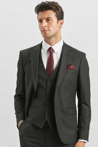 Siyah Kırlangıç Yaka Astarlı Yelekli 6 Drop Slim Fit Dar Kesim Klasik Takım Elbise 1001240179 - 4