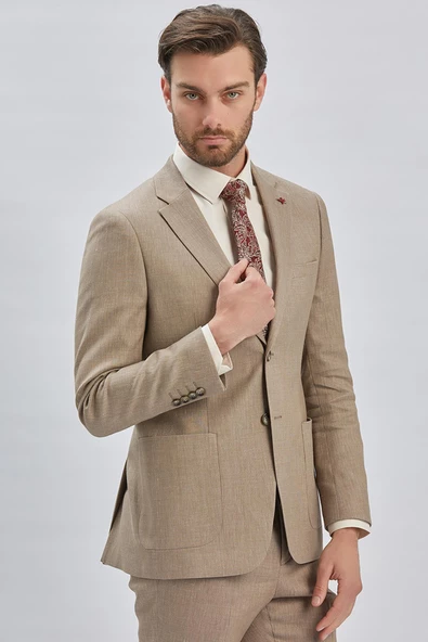 Bej Armürlü Mono Yaka Keten Karışımlı 6 Drop Slim Fit Dar Kesim Casual Takım Elbise 1001240169 - 2
