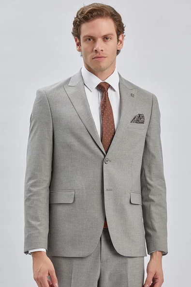 Gri Çizgili Kırlangıç Yaka Astarlı 6 Drop Slim Fit Dar Kesim Takım Elbise 1001240175 - 4