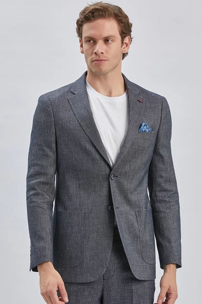 Koyu Lacivert Armürlü Mono Yaka Keten Karışımlı 6 Drop Slim Fit Casual Takım Elbise 1001240169 - 3