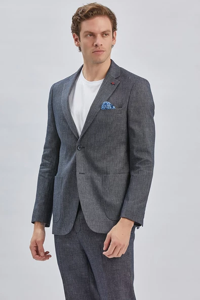 Koyu Lacivert Armürlü Mono Yaka Keten Karışımlı 6 Drop Slim Fit Casual Takım Elbise 1001240169 - 4