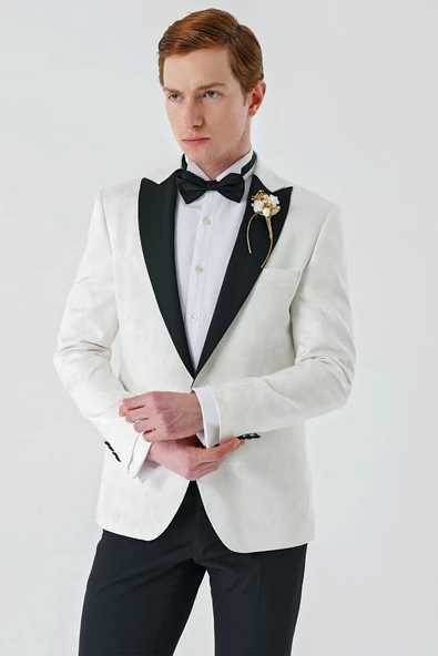 Açık Krem Çıkarılabilir Kırlangıç Yaka Likralı 6 Drop Slim Fit Smokin Damatlık 1001240204 - Resim 4