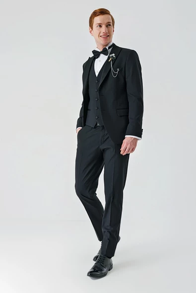 Siyah Çıkarılabilir Kırlangıç Yaka Yelekli Likralı 6 Drop Slim Fit Smokin Damatlık 1001240200 - 6