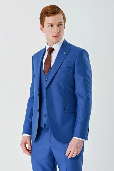 Saks Gabardin Kırlangıç Yaka Yelekli 6 Drop Slim Fit Klasik Takım Elbise 1001240187 - 10