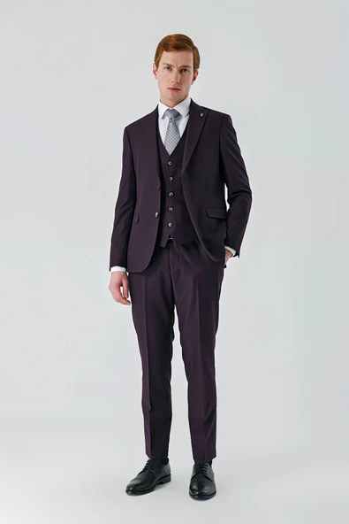Mürdüm Gabardin Kırlangıç Yaka Yelekli 6 Drop Slim Fit Klasik Takım Elbise 1001240187 - 2