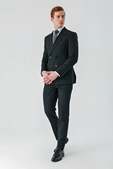 Siyah Kırlangıç Yaka Kruvaze Likralı 6 Drop Slim Fit Dar Kesim Casual Takım Elbise 1001240266 - 6