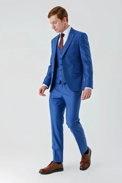 Saks Gabardin Kırlangıç Yaka Yelekli 6 Drop Slim Fit Klasik Takım Elbise 1001240187 - 6