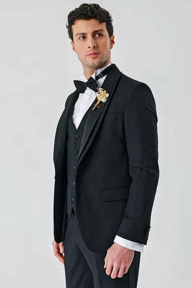 Siyah Çıkarılabilir Şal Yaka Yelekli Likralı 6 Drop Slim Fit Smokin Damatlık 1001240203 - 12