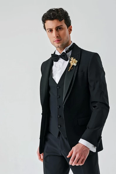 Siyah Çıkarılabilir Şal Yaka Yelekli Likralı 6 Drop Slim Fit Smokin Damatlık 1001240203 - 8