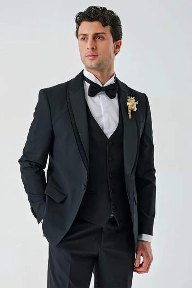 Siyah Çıkarılabilir Şal Yaka Yelekli Likralı 6 Drop Slim Fit Smokin Damatlık 1001240203 - 3