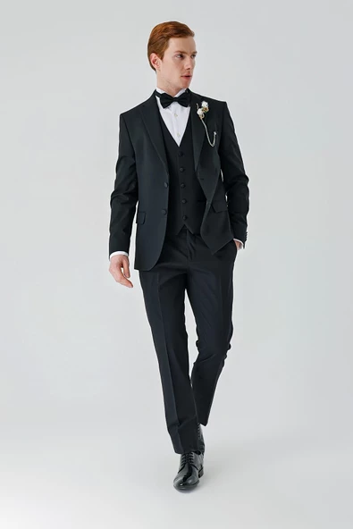 Siyah Çıkarılabilir Mono Yaka Yelekli Likralı 6 Drop Slim Fit Smokin Damatlık 1001240201 - 3