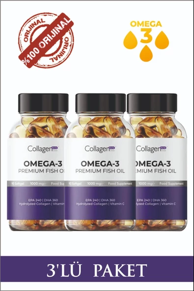 3 Adet Omega-3 Premium Fish Oil 90 Softgel X 1000mg, Balık Yağı, Hidrolize Kolajen