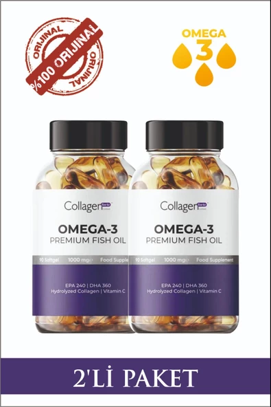 2 Adet Omega-3 Premium Fish Oil 90 Softgel X 1000mg, Balık Yağı, Hidrolize Kolajen