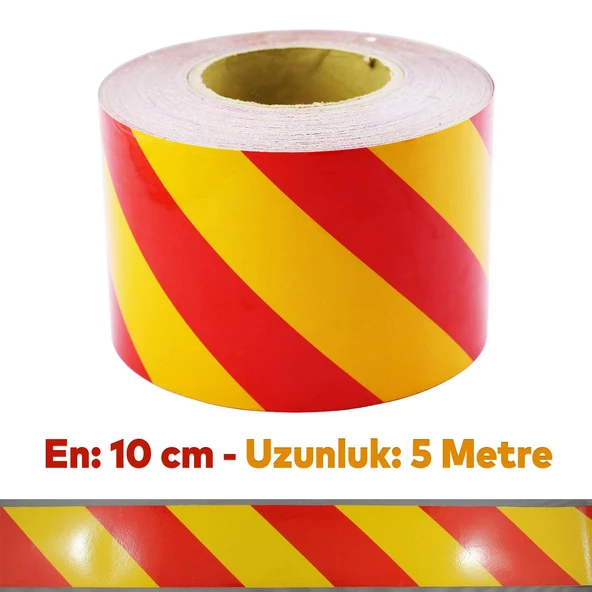 Reflektörlü Yapışkanlı Parlayan Fosfor Sarı Kırmızı 5 Mt Reflektif Düz Şerit Bant 10 cm İkaz Bandı - 2
