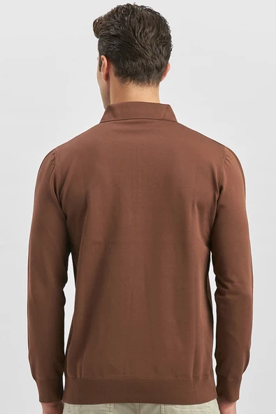 Taba Uzun Kollu Örme Polo Yaka Slim Fit Dar Kesim Triko 1012245150 - Resim 6