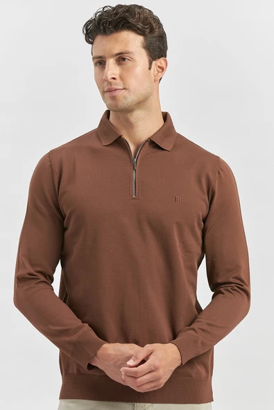 Taba Uzun Kollu Örme Polo Yaka Slim Fit Dar Kesim Triko 1012245150 - Resim 2