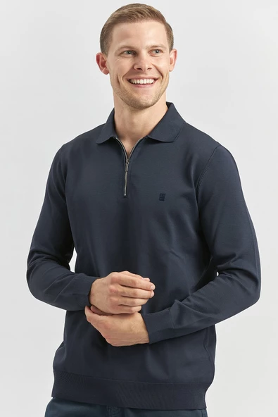 Koyu Lacivert Uzun Kollu Örme Polo Yaka Slim Fit Dar Kesim Triko 1012245150 - 2