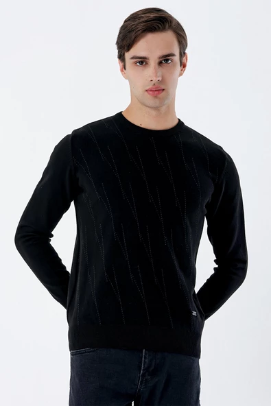 Siyah Uzun Kollu Desenli Örme Bisiklet Yaka Pamuklu Klasik Comfort Fit Triko 1012235150 - Resim 3