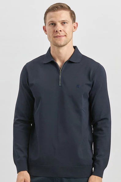 Koyu Lacivert Uzun Kollu Örme Polo Yaka Slim Fit Dar Kesim Triko 1012245150 - 3