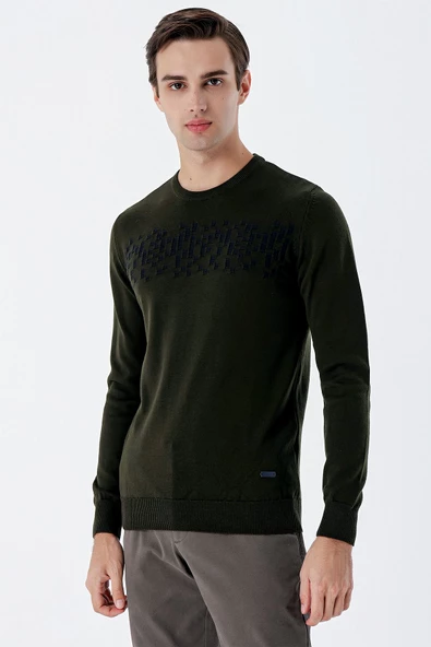 Koyu Haki Uzun Kollu Desenli Bisiklet Yaka Pamuklu Klasik Comfort Fit Triko 1012235158 - 2